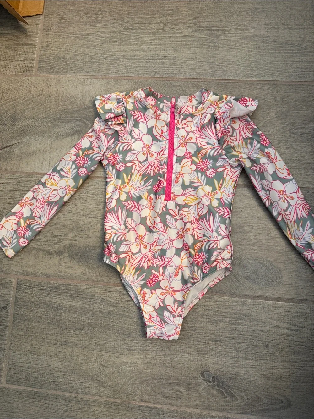 Little Girls wonder nation Pink & Gray Floral Long-Sleeve One-Piece Swimsuit